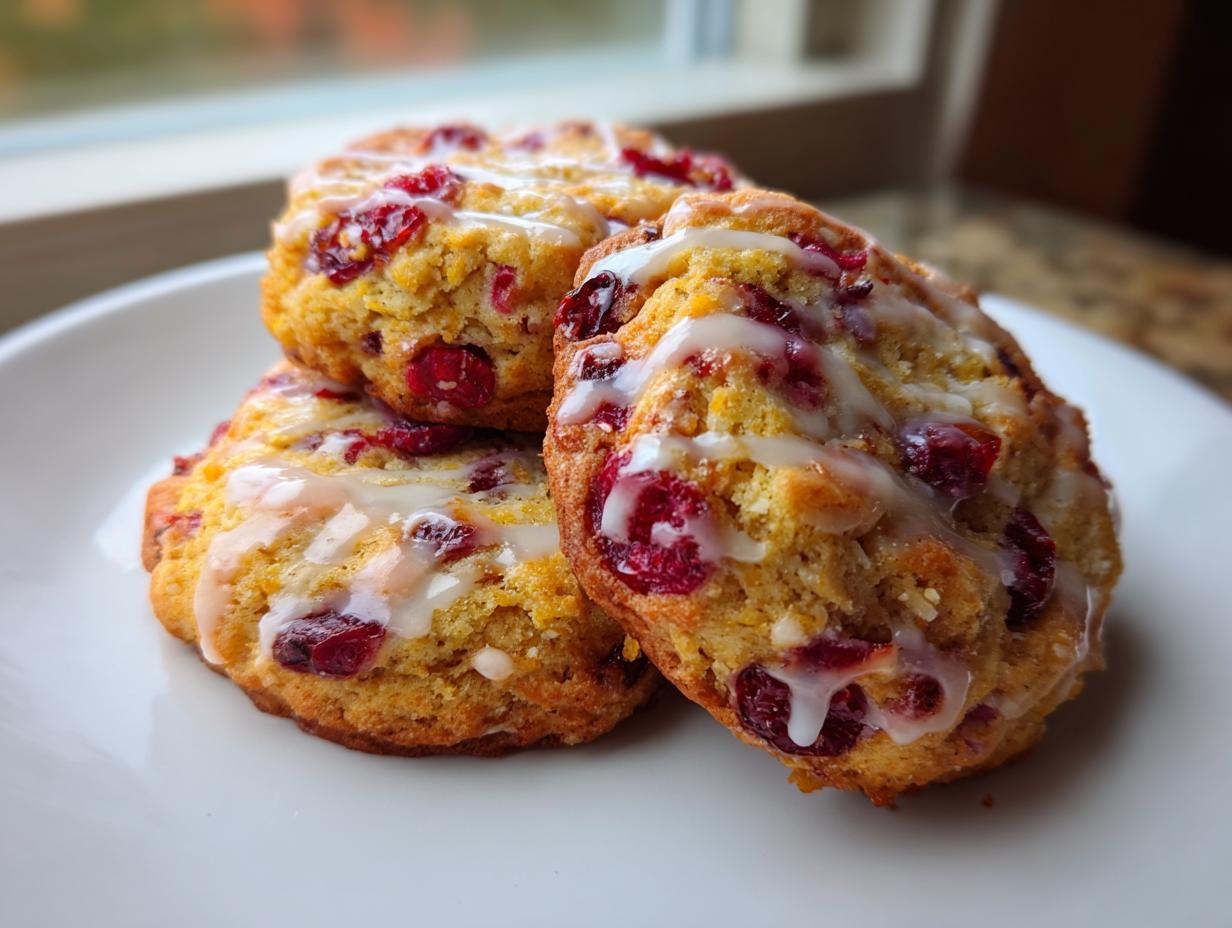 Close-up of three delicious cranberry orange cookies stacked, drizzled with white citrus glaze.