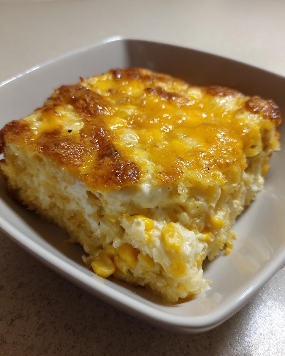 A square serving of rich, moist cream cheese corn casserole topped with melted, browned cheddar cheese.