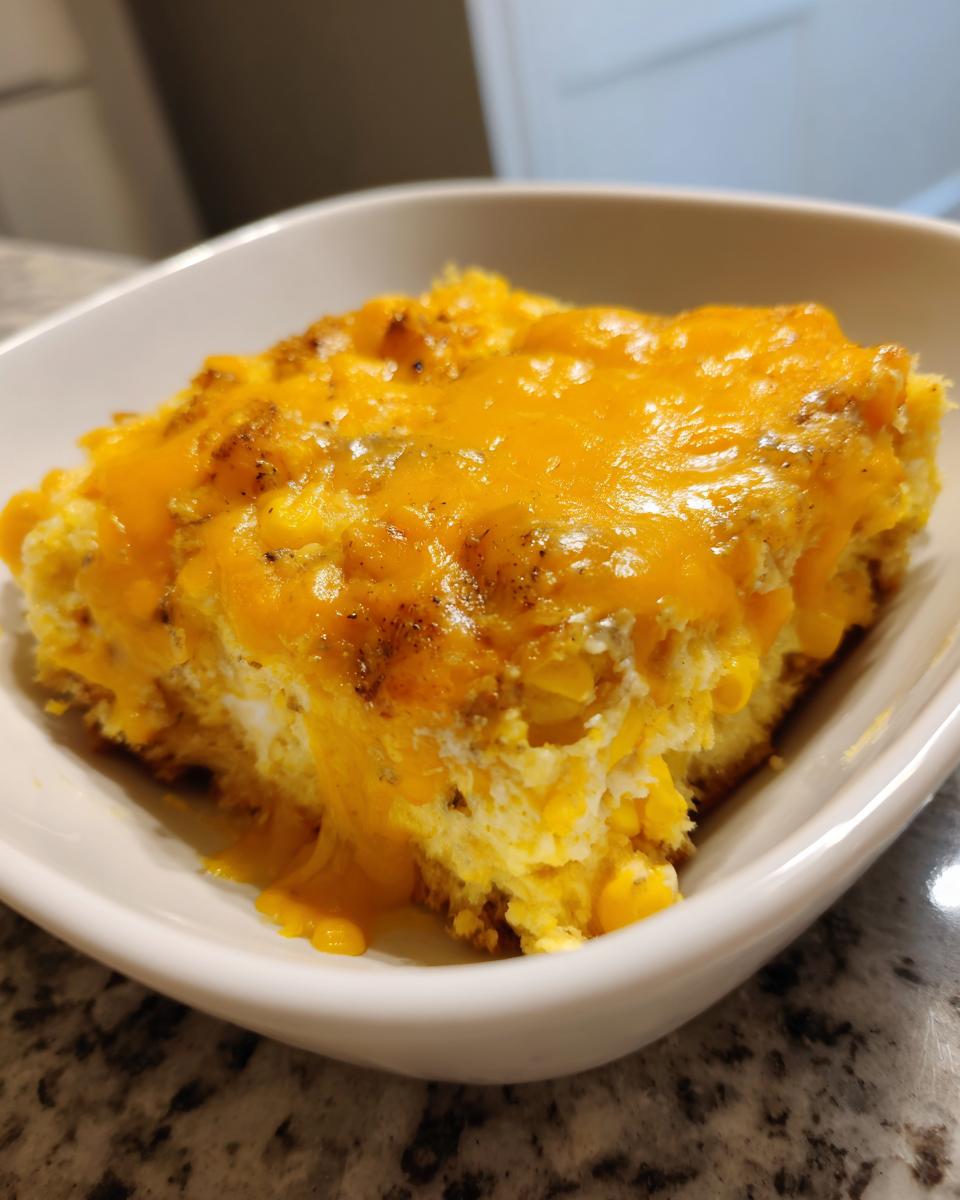 A close-up of a square serving of creamy cream cheese corn casserole topped with melted cheddar cheese.