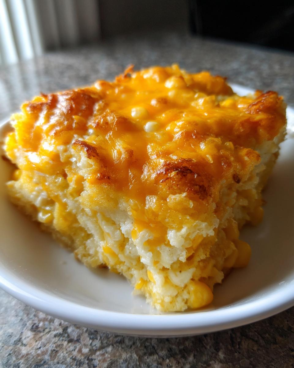 A square serving of creamy cream cheese corn casserole topped with bubbly, melted cheddar cheese.