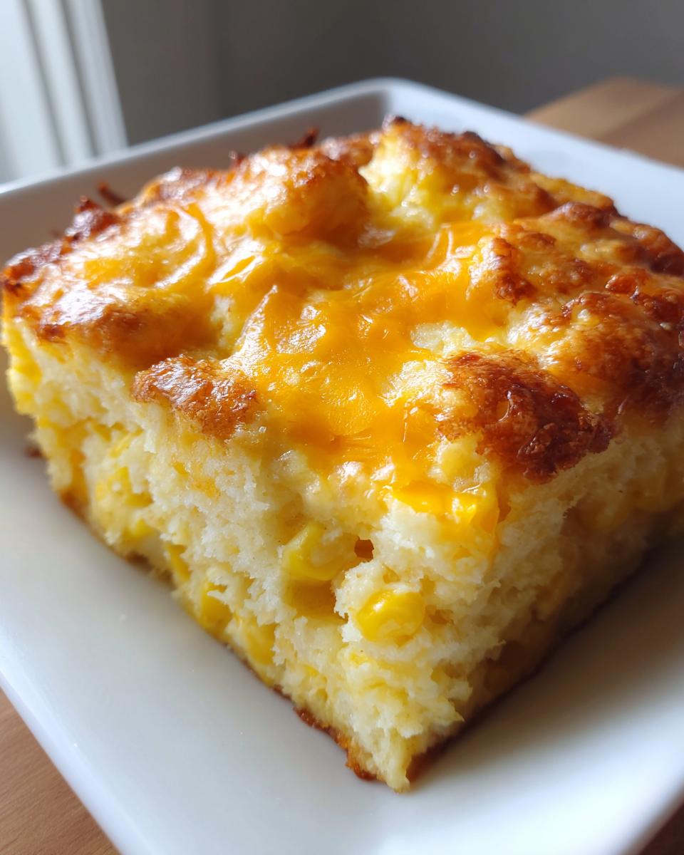 A close-up of a square slice of creamy, baked cream cheese corn casserole topped with golden, melted cheddar cheese.