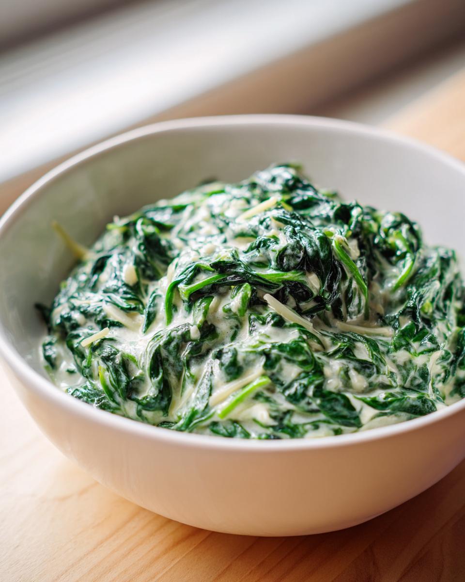 A close-up of rich, homemade creamed spinach recipe served in a white bowl on a wooden surface.