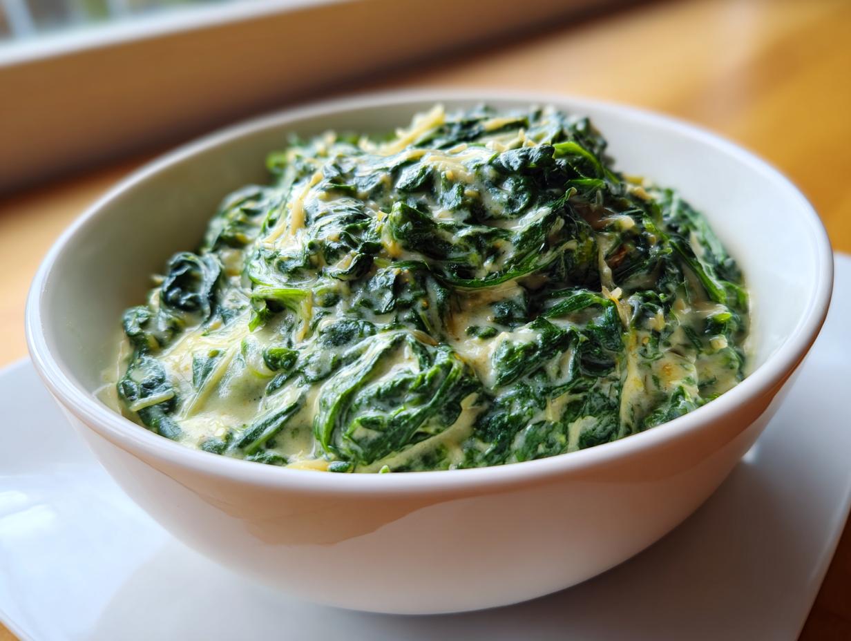 A close-up of rich, homemade creamed spinach recipe served hot in a white bowl.