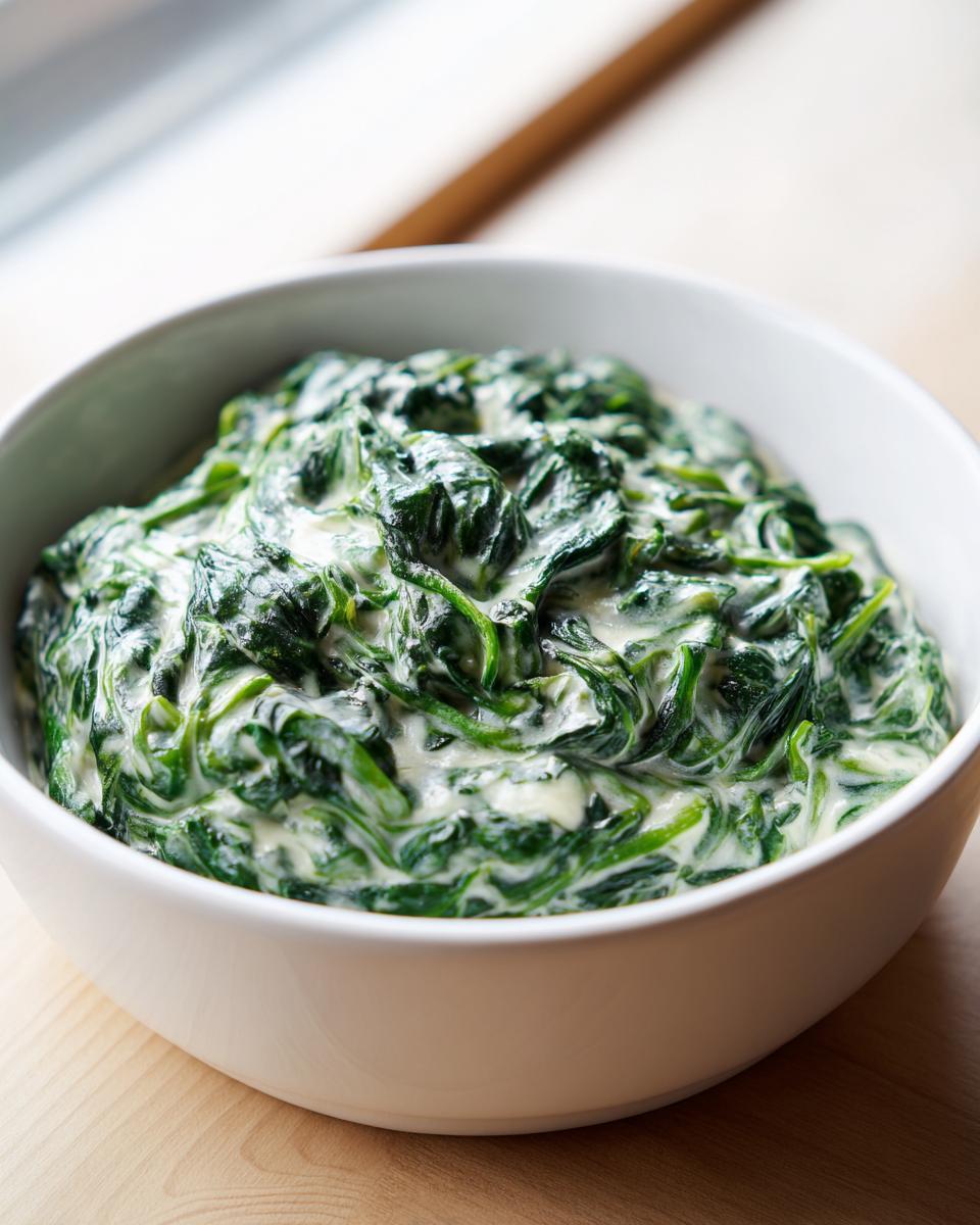 A close-up of rich, decadent creamed spinach recipe served in a white bowl on a wooden surface.