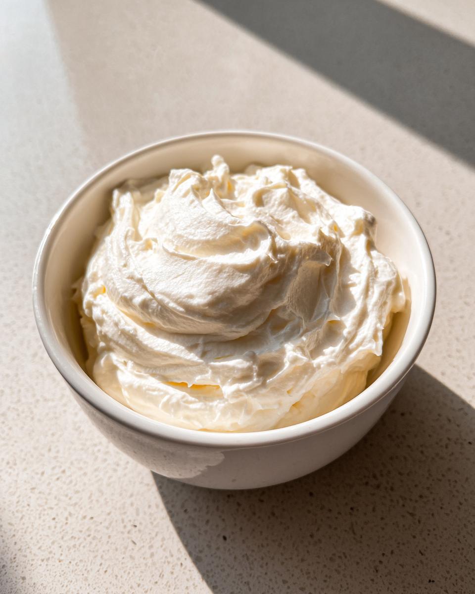 A white bowl filled with thick, creamy, whipped 3-ingredient fruit dip, highlighted by bright sunlight.