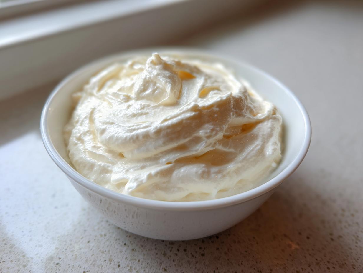 Close-up of thick, creamy white fruit dip swirled high in a small white bowl.