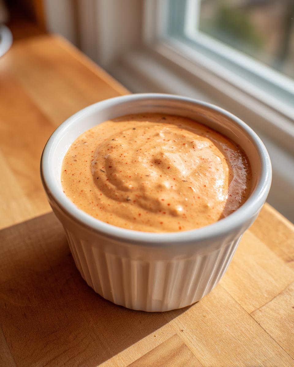 A close-up of creamy, orange-hued big mac sauce speckled with spices, served in a white fluted ramekin on a wooden surface.