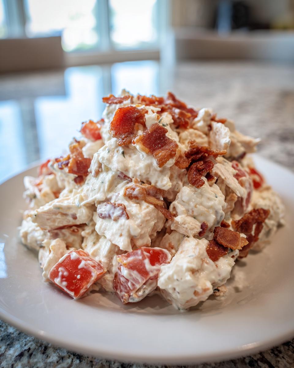 Close-up of a mound of creamy blt chicken salad mixed with diced tomatoes and topped generously with crispy bacon pieces.