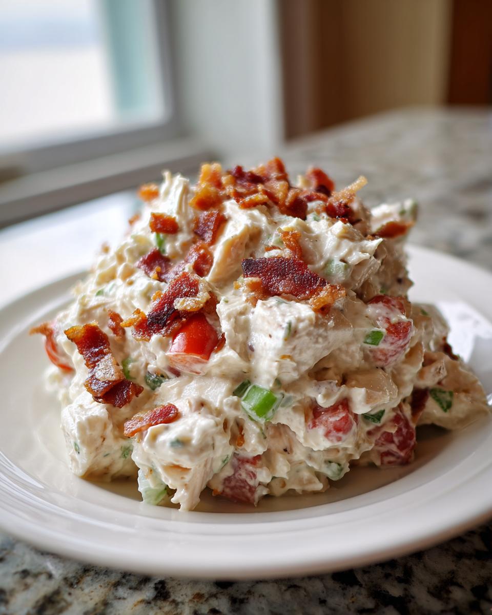 A mound of creamy blt chicken salad mixed with tomatoes and green onions, topped generously with crumbled bacon.