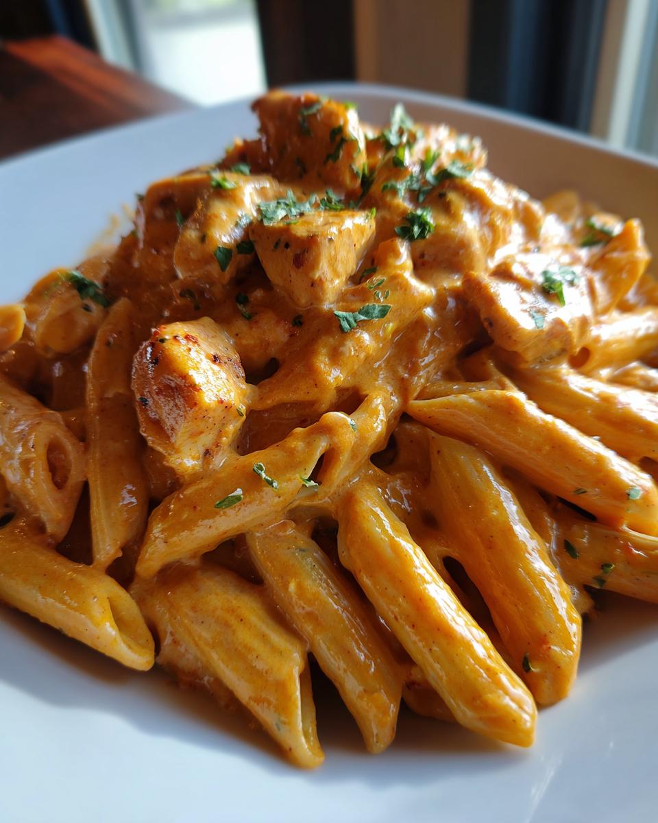 Close-up of a bowl of rich, creamy cajun chicken pasta featuring penne noodles and seasoned chicken chunks.