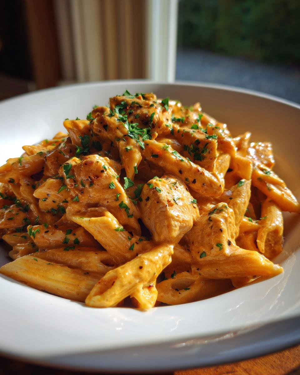 Close-up of creamy cajun chicken pasta with penne, chicken chunks, and parsley garnish.