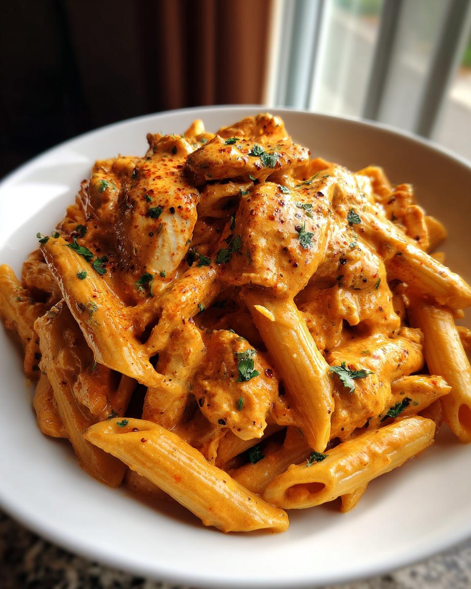 Close-up of creamy, orange-hued cajun chicken pasta with penne noodles and parsley garnish.