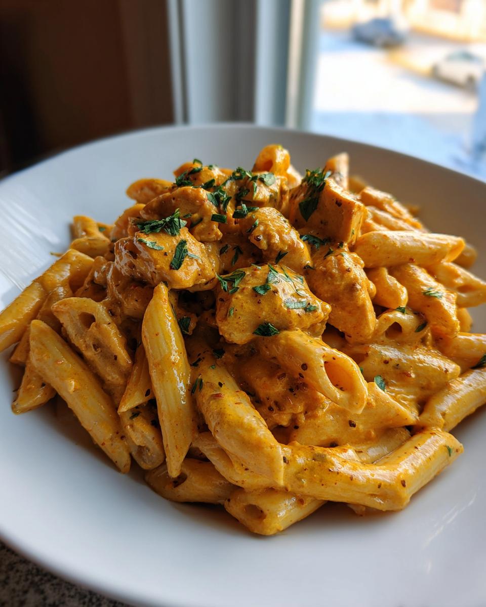 Close-up of creamy cajun chicken pasta with penne, seasoned chicken chunks, and parsley garnish.
