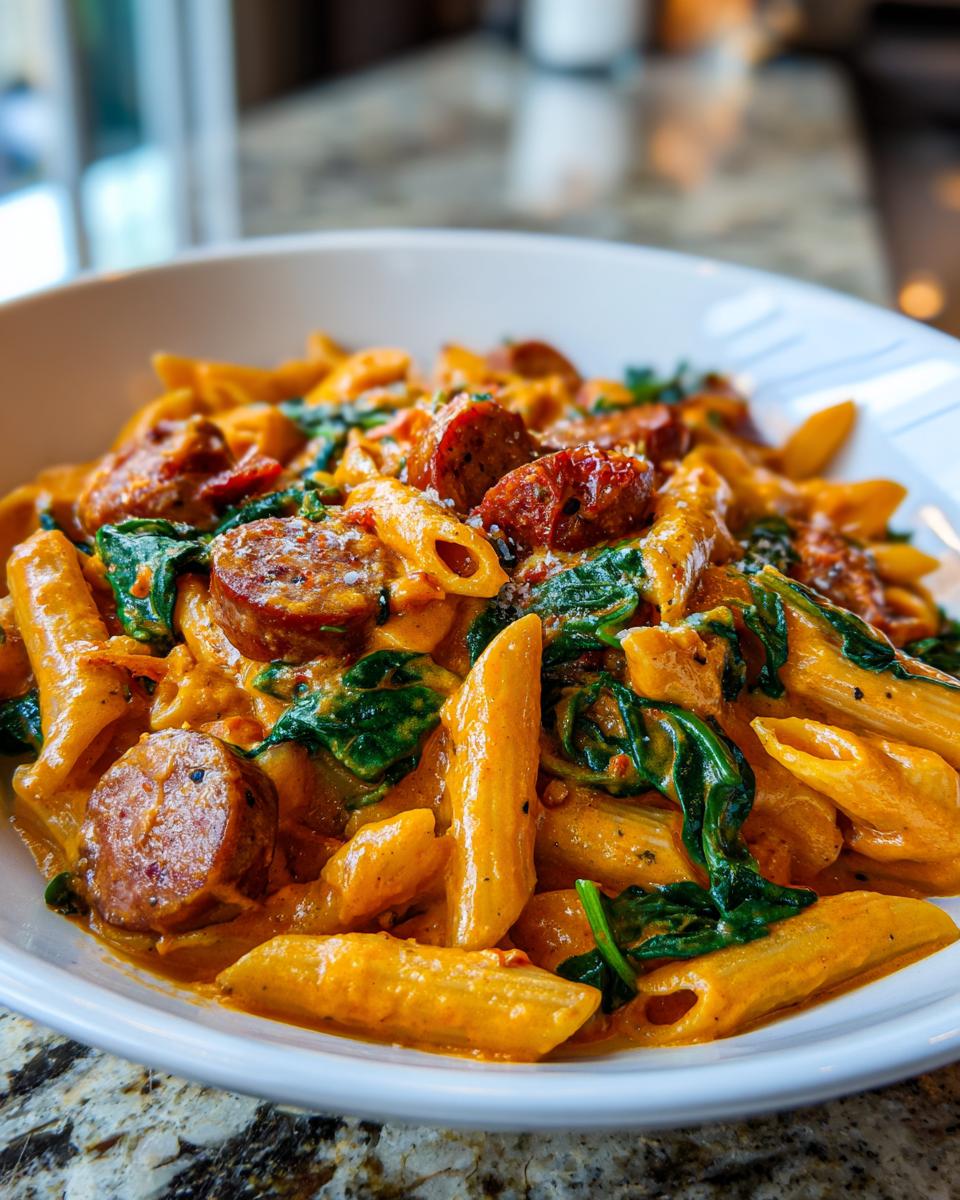 Close-up of creamy Cajun sausage pasta featuring penne, sliced sausage, and wilted spinach in a white bowl.