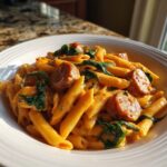 Close-up of creamy Cajun sausage pasta featuring penne, sliced sausage, and wilted spinach in a white bowl.