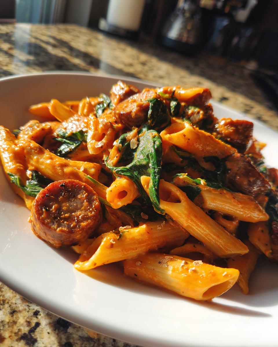 Close-up of a white bowl filled with creamy Cajun sausage pasta and wilted spinach, highlighted by natural light.