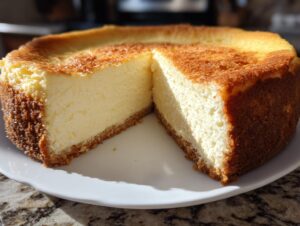 A creamy slice cut from a whole baked cheesecake, showing a golden brown top and graham cracker crust.