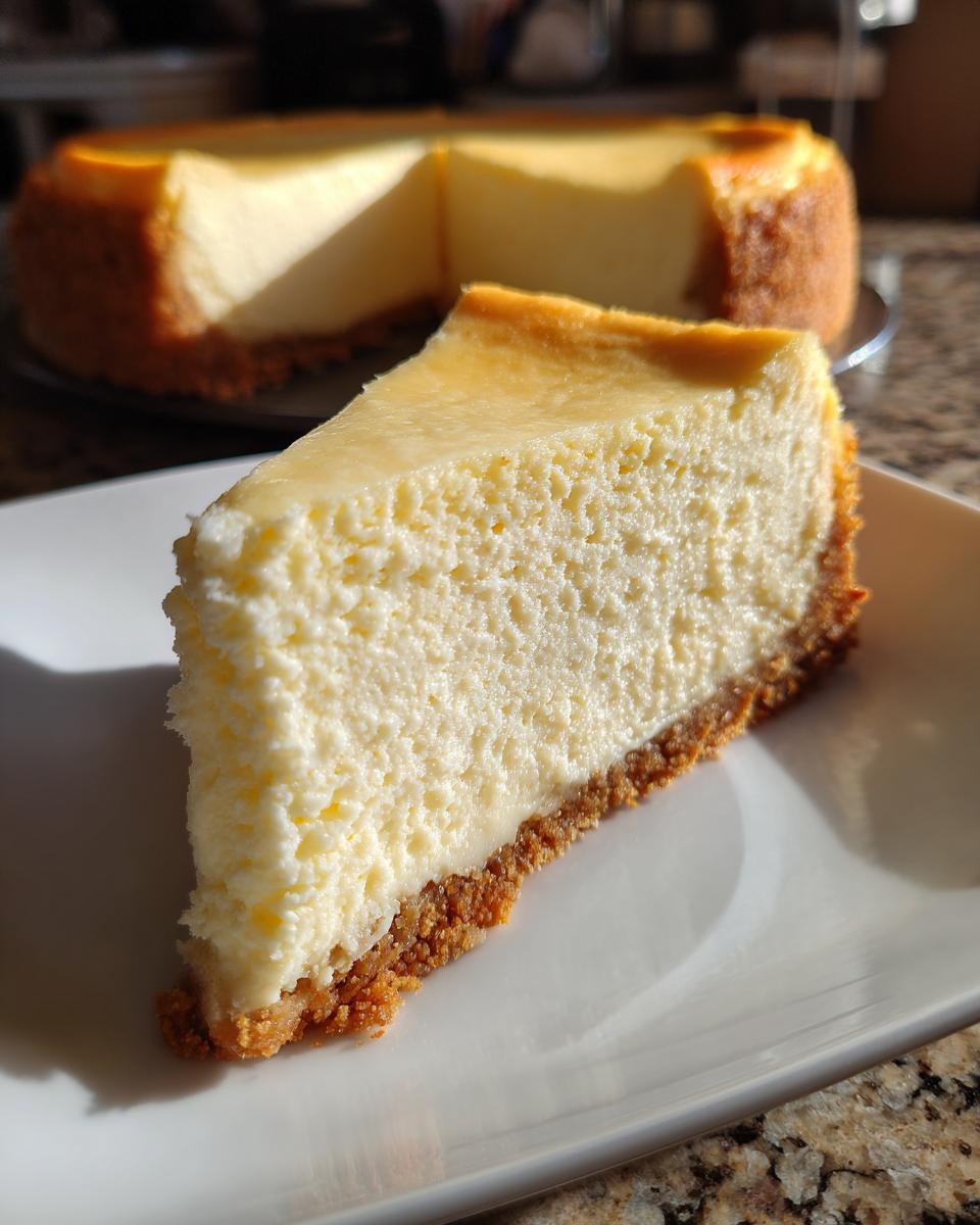 A close-up of a creamy slice of cheesecake with a graham cracker crust, with the rest of the cheesecake recipe visible in the background.