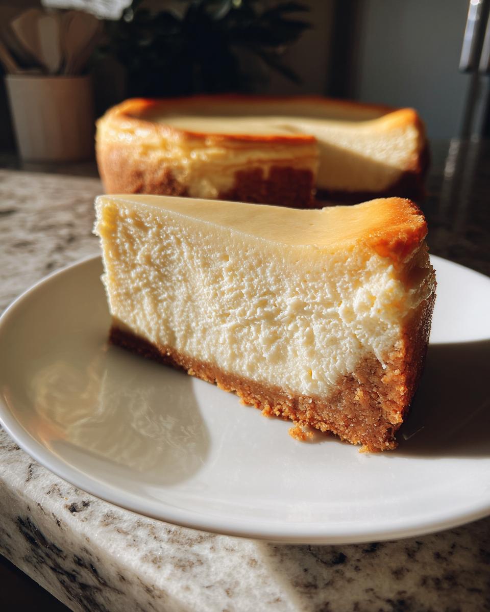 A thick, creamy slice of baked cheesecake with a graham cracker crust, part of the whole cheesecake visible behind it.