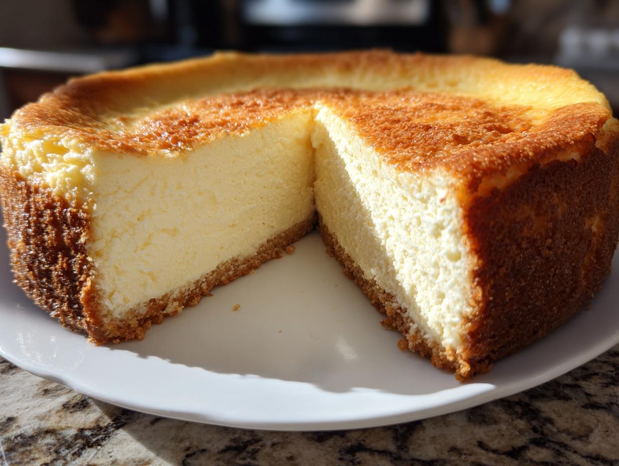 A creamy slice cut from a whole baked cheesecake, showing a golden brown top and graham cracker crust.