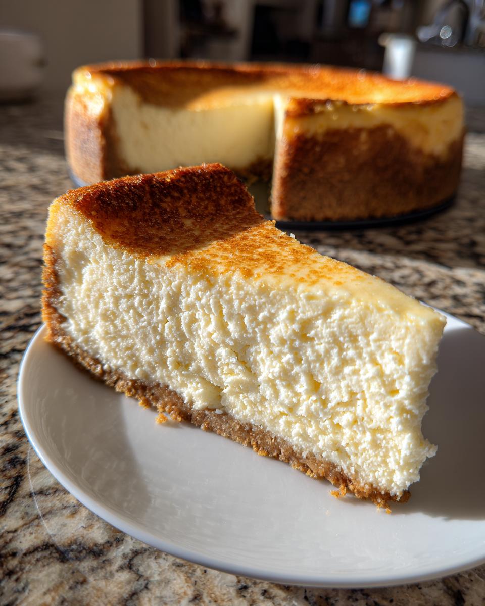 A thick, creamy slice of baked cheesecake with a graham cracker crust, served on a white plate.
