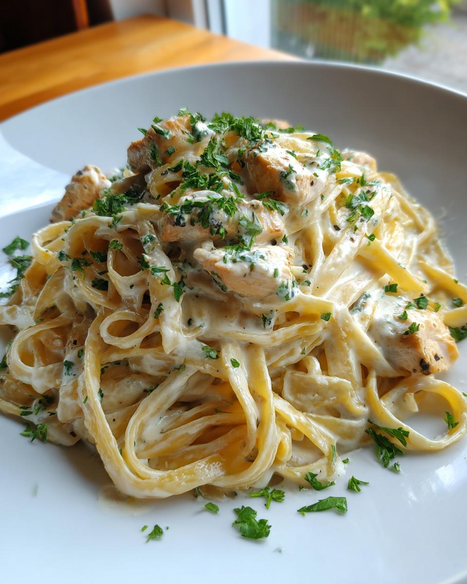 A close-up of creamy fettuccine pasta topped with chunks of chicken and fresh parsley, showcasing the rich chicken alfredo sauce.
