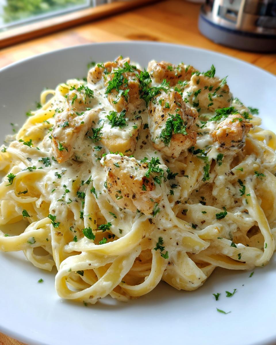 Close-up of a white bowl filled with creamy chicken alfredo pasta, topped with seasoned chicken pieces and fresh parsley.