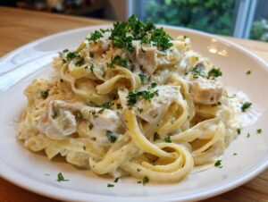 A close-up of creamy chicken alfredo pasta tossed with fettuccine, topped with fresh parsley and Parmesan cheese.
