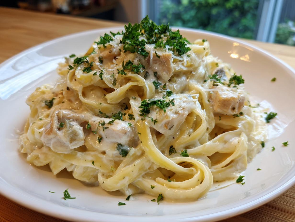 A close-up of creamy chicken alfredo pasta tossed with fettuccine, topped with fresh parsley and Parmesan cheese.