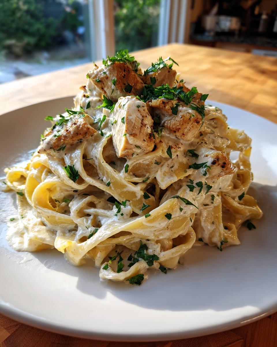 A plate of creamy fettuccine chicken alfredo topped with grilled chicken pieces and fresh parsley.