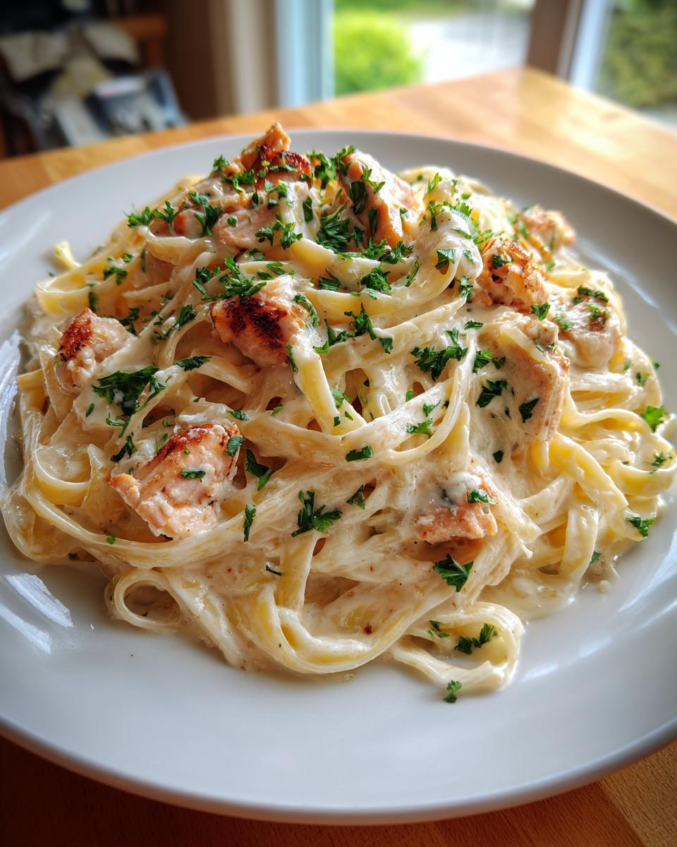 A close-up of creamy fettuccine pasta topped with seasoned chicken pieces and fresh parsley, representing chicken alfredo.