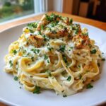 A close-up of creamy fettuccine pasta topped with seared chicken chunks and fresh parsley, representing chicken alfredo.