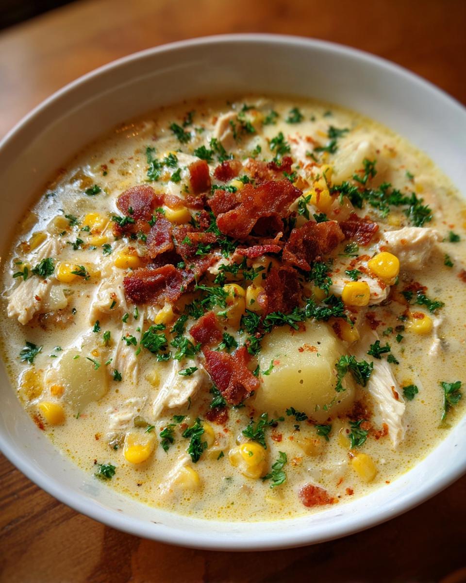 Close-up of a hearty bowl of creamy chicken corn chowder topped with crumbled bacon and fresh parsley.
