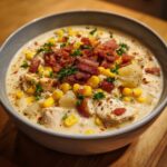 Close-up of a creamy bowl of chicken corn chowder topped generously with crumbled bacon, corn kernels, and fresh parsley.