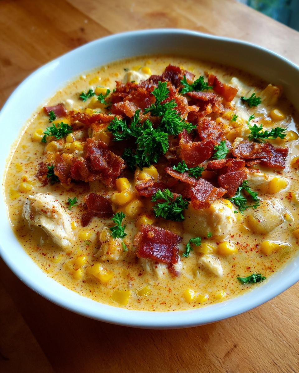 A close-up of a bowl of creamy chicken corn chowder, loaded with corn kernels, chicken pieces, and topped generously with crispy bacon and fresh parsley.