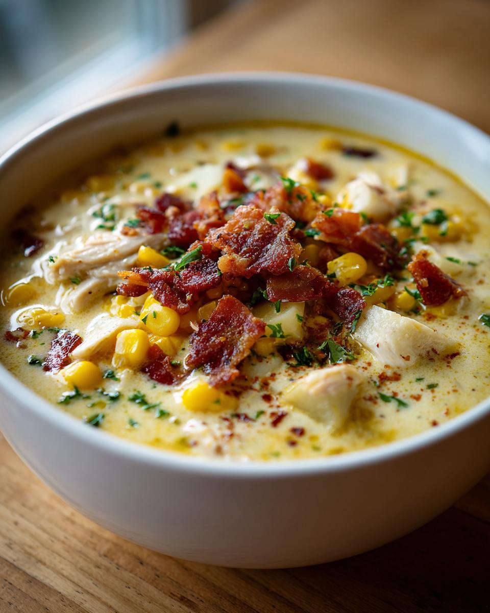 A close-up of a white bowl filled with creamy chicken corn chowder, topped generously with crispy bacon bits and fresh parsley.
