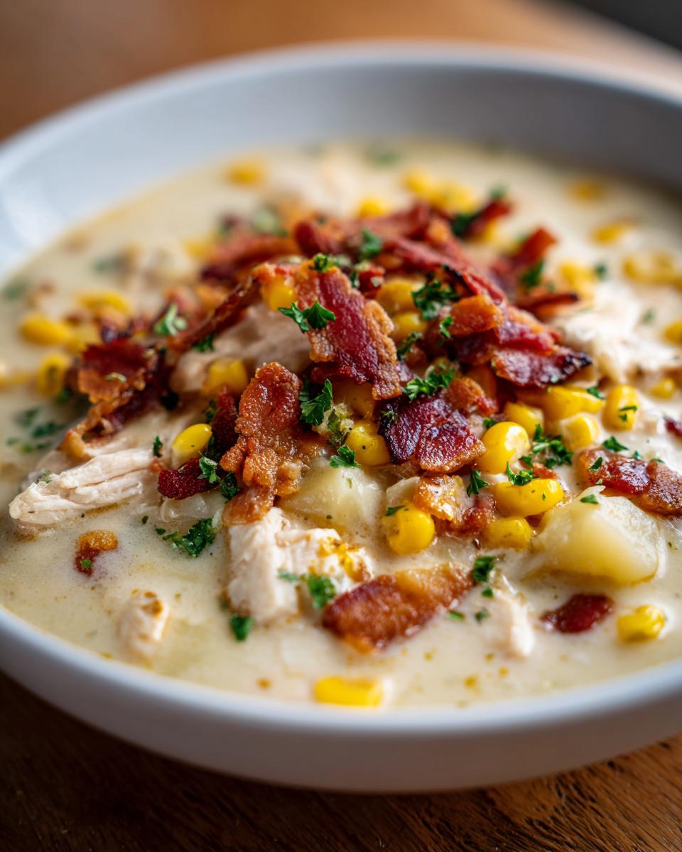 Close-up of a bowl of rich chicken corn chowder loaded with corn, chicken, and crispy bacon.