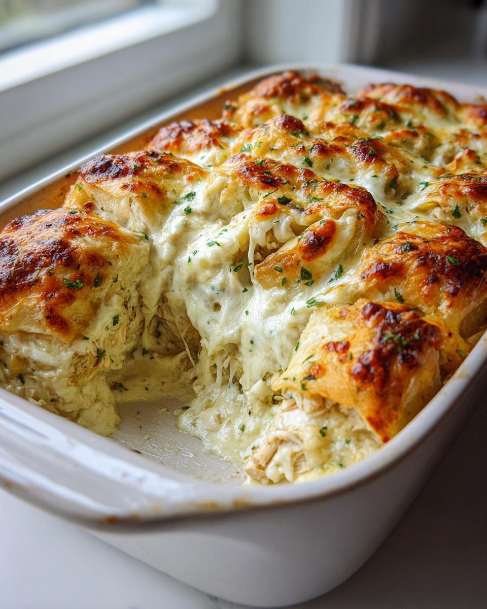 Close-up of baked chicken enchiladas covered in melted, bubbly white sauce and cheese.