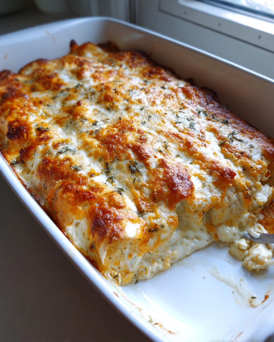 A white baking dish filled with creamy, cheesy chicken enchiladas, baked golden brown and topped with herbs.