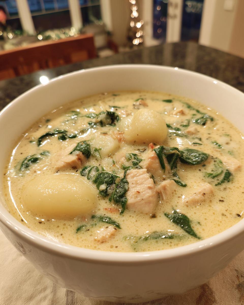 Close-up of a hearty bowl of creamy chicken gnocchi soup with spinach.
