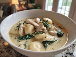 Close-up of a hearty bowl of creamy chicken gnocchi soup with wilted spinach and herbs.