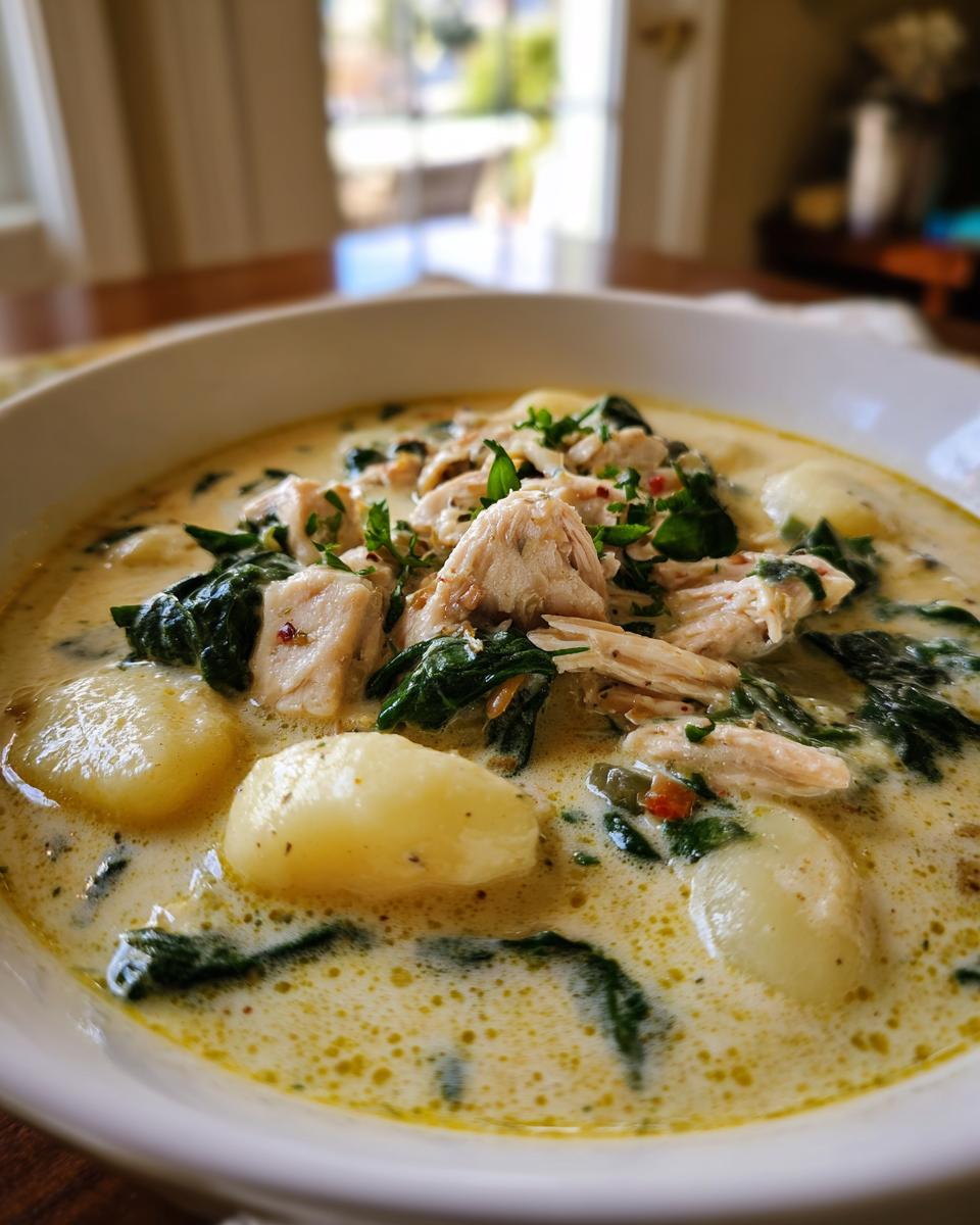 Close-up of a bowl of creamy chicken gnocchi soup featuring tender gnocchi, shredded chicken, and wilted spinach.