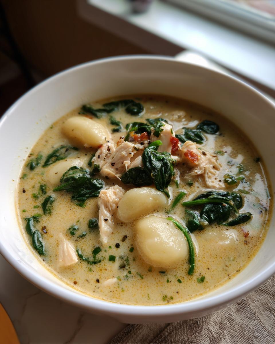 A close-up view of creamy chicken gnocchi soup featuring tender gnocchi, shredded chicken, and wilted spinach.