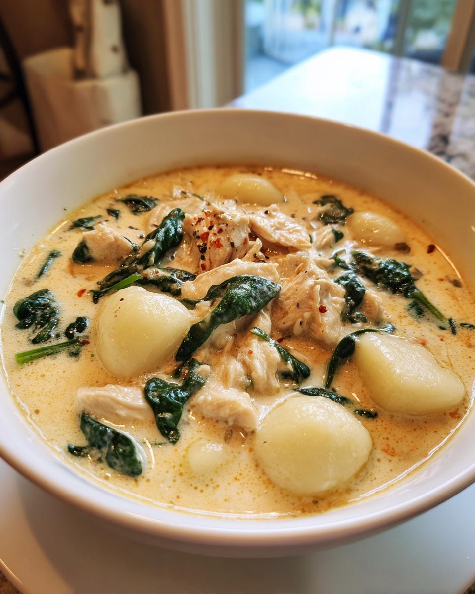 A close-up of a bowl of creamy chicken gnocchi soup featuring tender chicken, wilted spinach, and soft potato gnocchi.