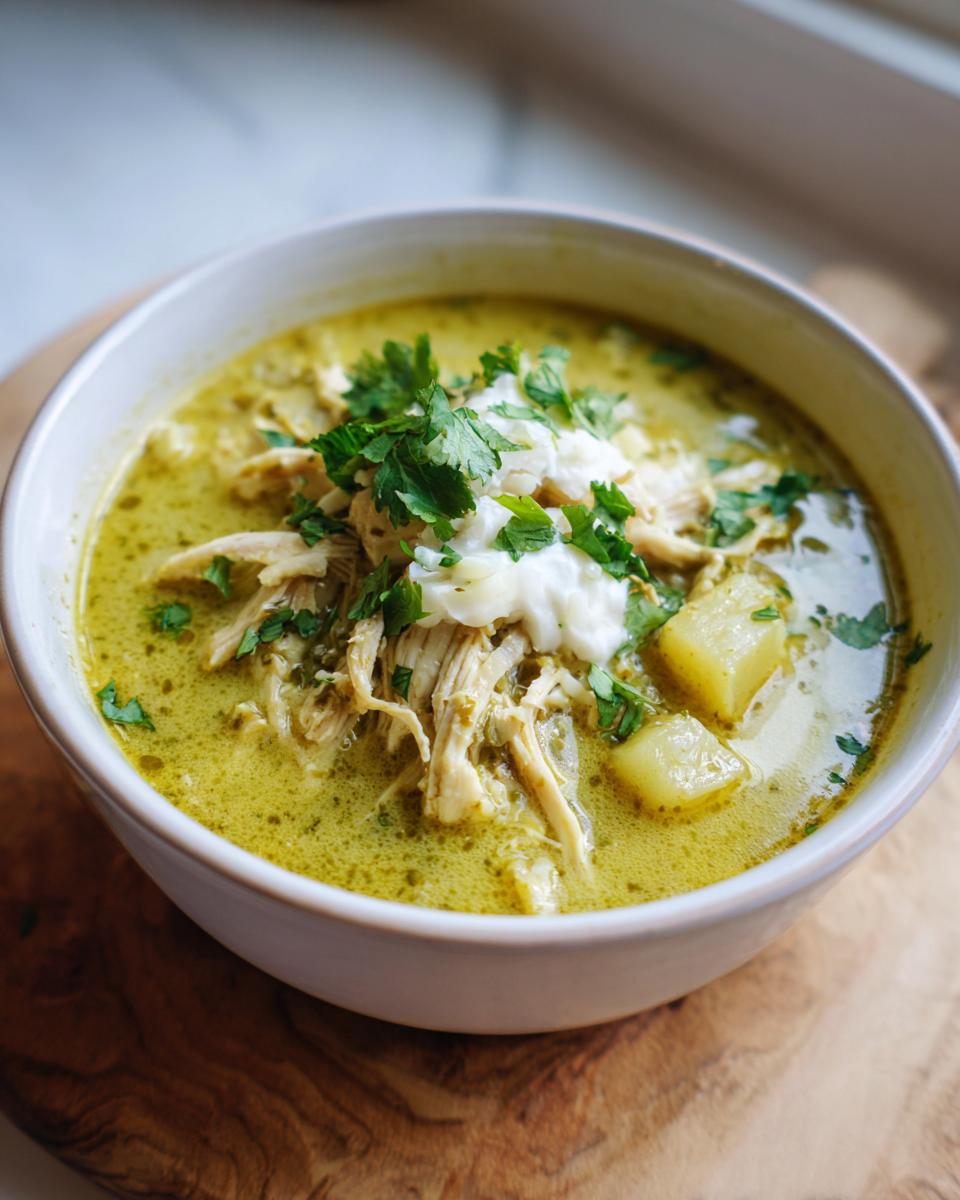 A close-up of a bowl of creamy, green-hued chicken poblano soup recipe topped with shredded chicken, sour cream, and cilantro.