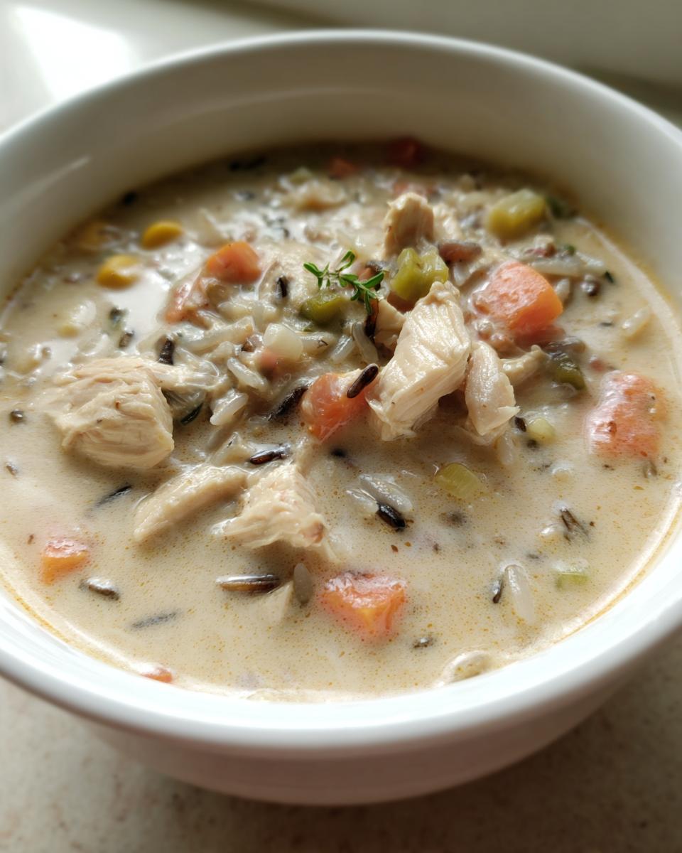 Close-up of creamy wild rice soup featuring chunks of chicken, carrots, celery, and corn, garnished with thyme.