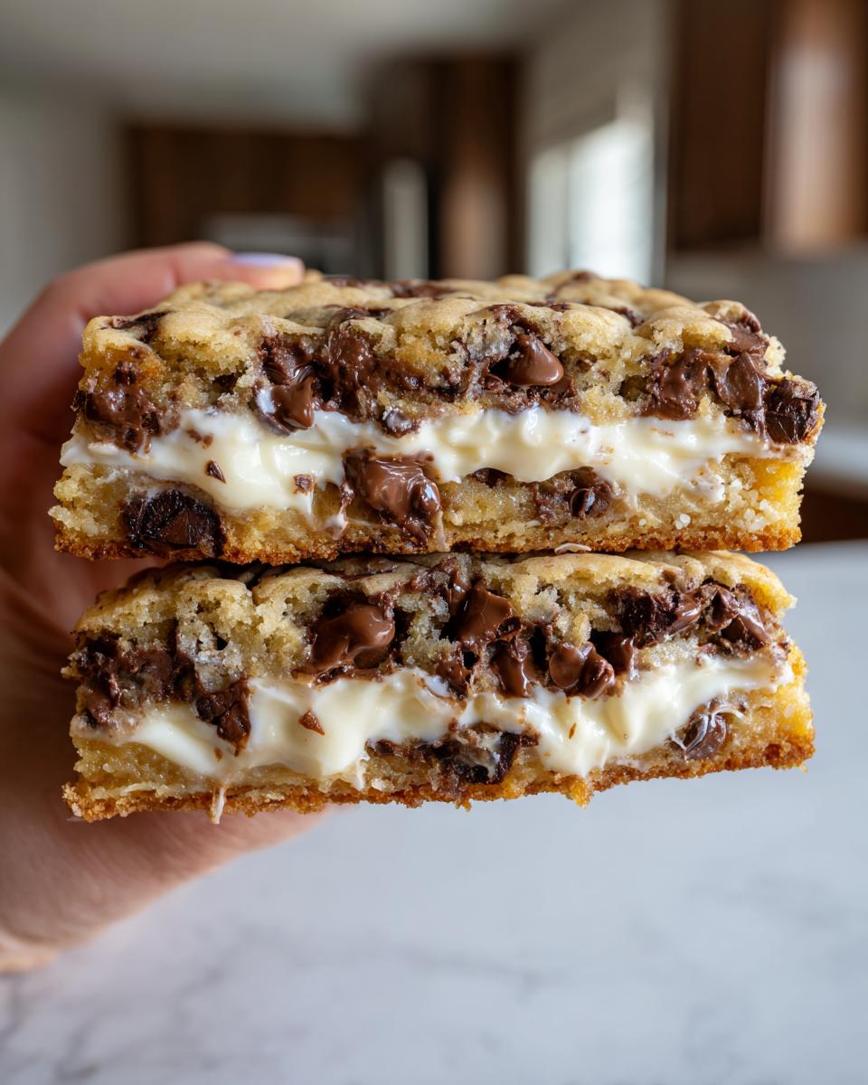 Two stacked bars of a chocolate chip cookie cake recipe, featuring a thick layer of creamy white filling.