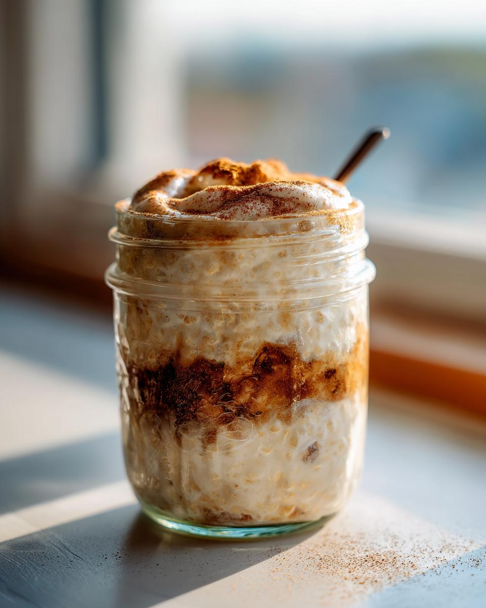 Close-up of creamy overnight oats layered with cinnamon swirl, topped with foam and spice in a glass jar.