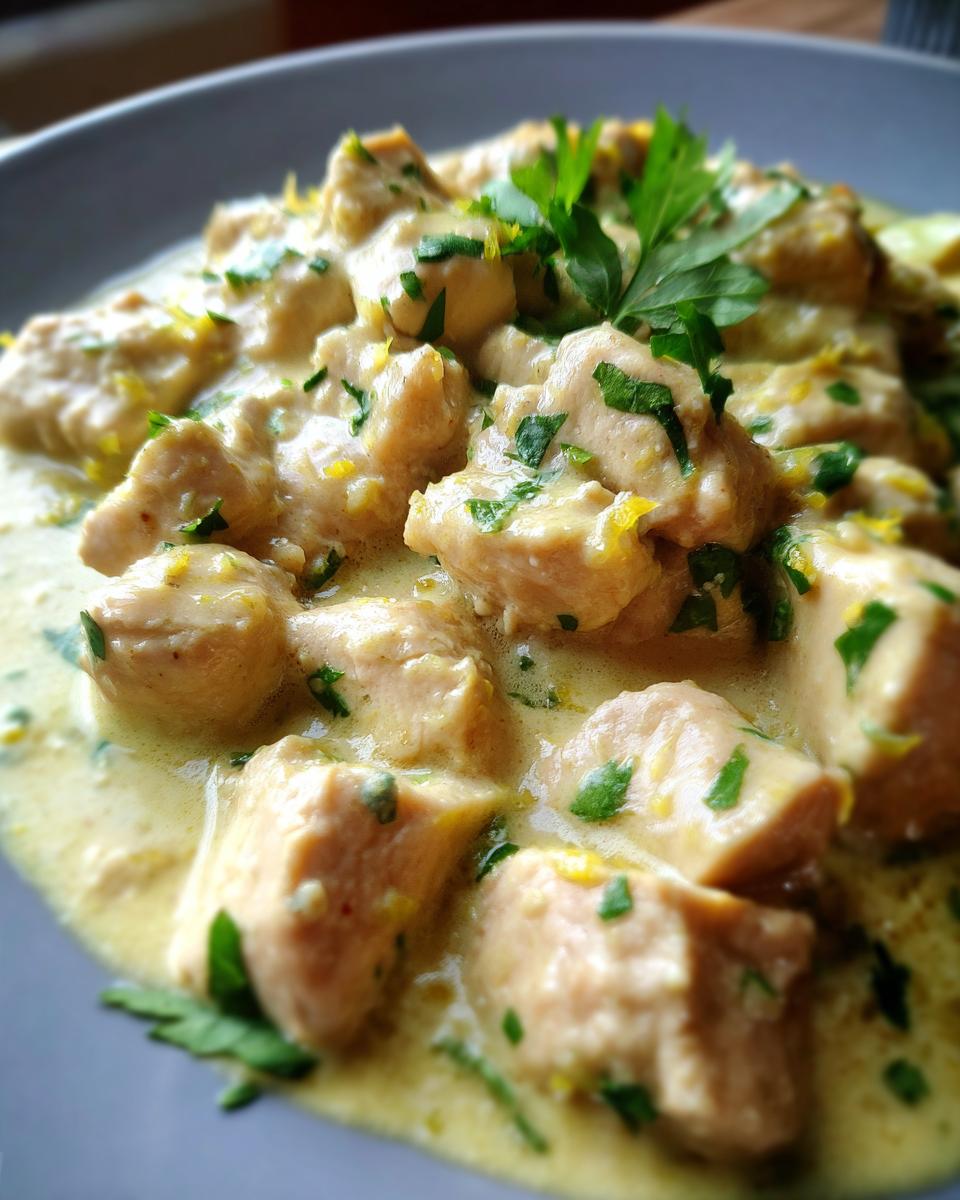 Close-up of tender chicken pieces coated in a rich, creamy coconut lime chicken sauce, garnished with fresh parsley.
