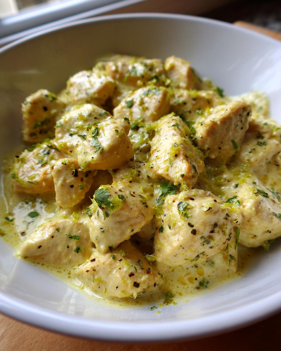 Close-up of tender chicken pieces coated in a creamy coconut lime sauce, topped with bright green lime zest.